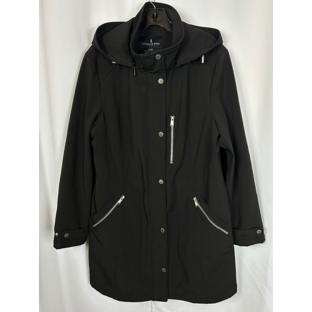 London Fog Black Solid Softshell Hooded Trench Coat Jacket Classic Chic XL